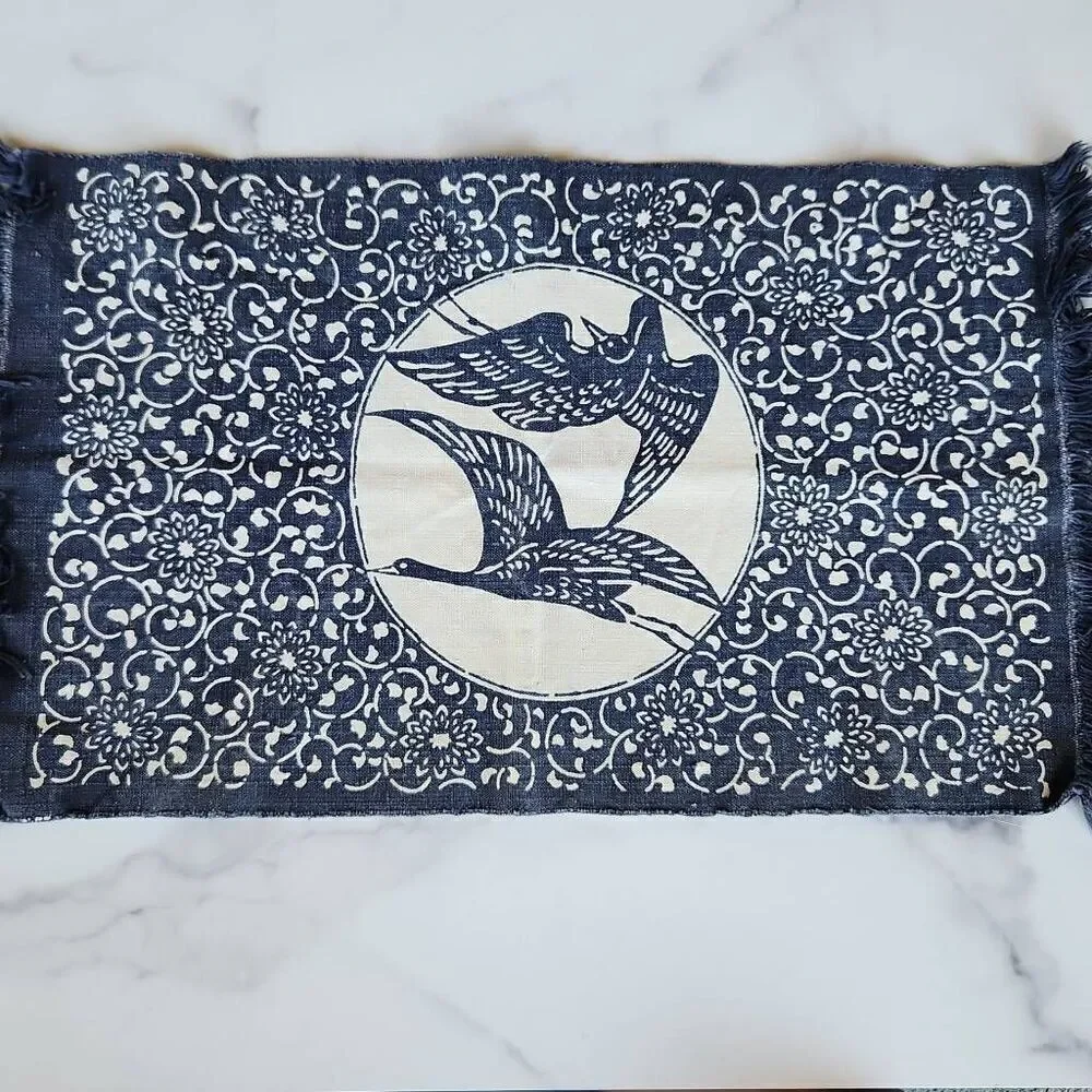 Geese canvas table cloth navy blue cream floral fringe trim bird aviary 1 piece